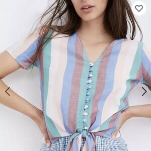 Madewell Novel Tie-Front Button Top in Flagstaff Stripe XS Cotton Travel Spring